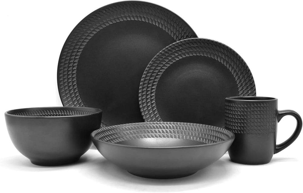 ECHTWERK 30-Teiliges Vintage Kombiservice "Blackstyle" Modern-Design, Für 6 Personen, Geschirrset Aus Steingut Mit 6 X Speiseteller, 6 X Beilagenteller, 6 X Schüssel, 6 X Teetassen, 6 X Suppenteller Sets de table Naty Shop