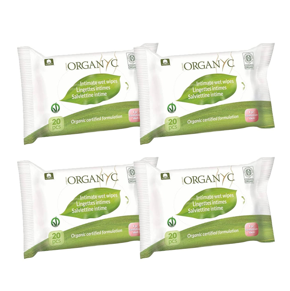 Lingettes intimes Organyc Moist, fabriquées à partir de coton biologique certifié à 100 % - 4 paquets de 20 lingettes (80 lingettes au total)