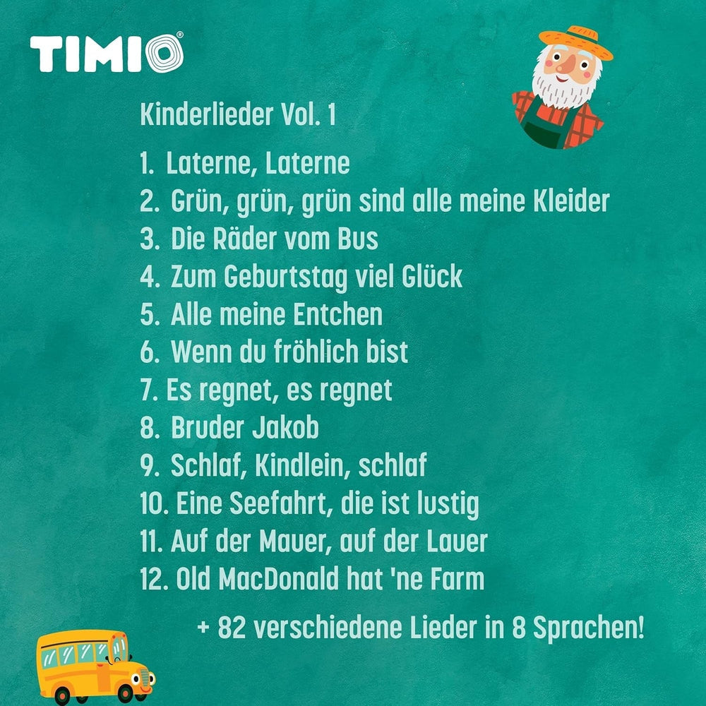 TIMIO Disc Set #1 : 5 disques audio pour TIMIO Player | Apprenez les couleurs, les animaux sauvages, les instruments de musique, 96 comptines Vol 1, les parties du corps | 8 langues incluses | Jouet d'apprentissage de 2 à 6 ans Bebe Naty Shop jouets