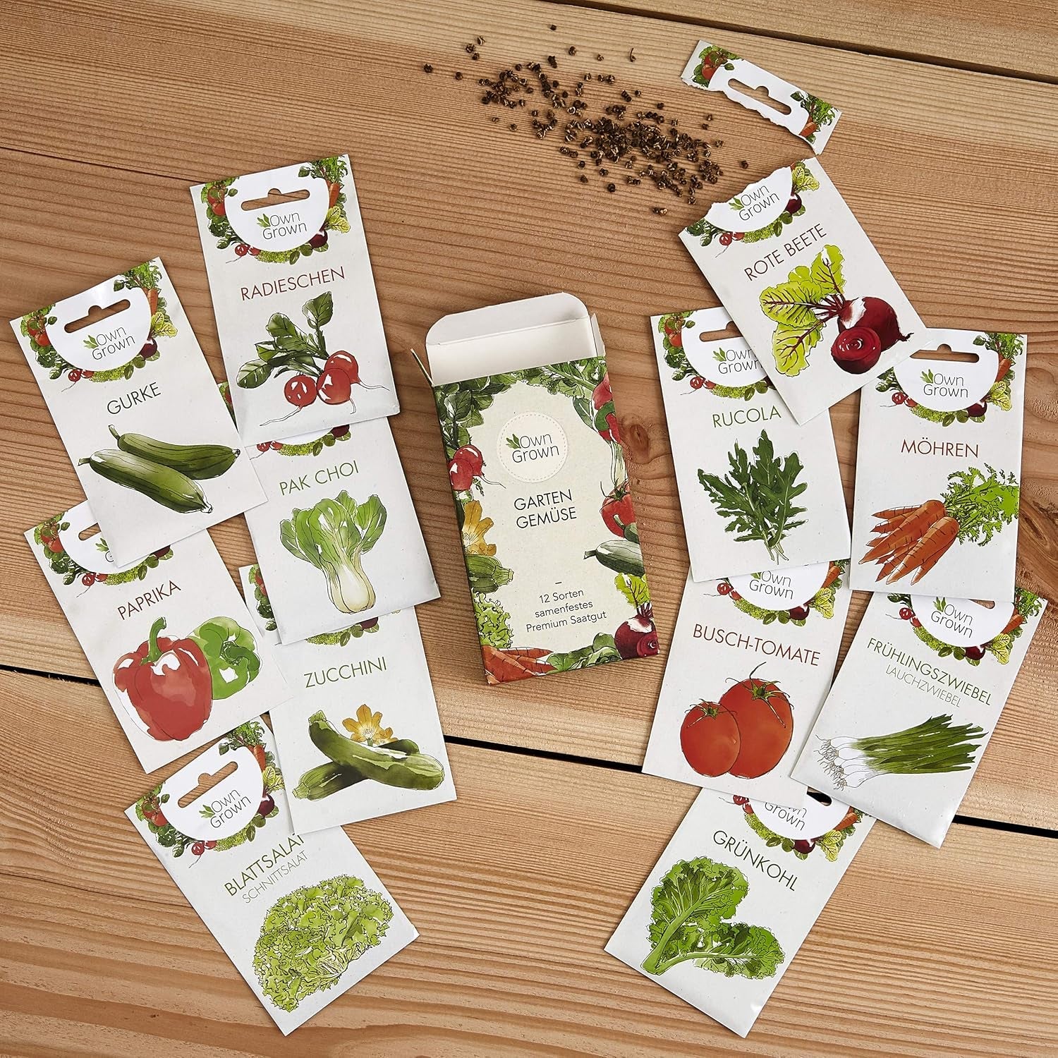 OwnGrown Gemüse Samen Set - 12 Pflanzensamen Sorten für Hochbeet und Garten - Praktische Box mit Gemüsesamen für den Anbau Frischer Ernte zu Hause - Ideal für Gartenliebhaber