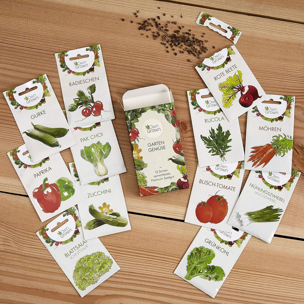 OwnGrown Gemüse Samen Set - 12 Pflanzensamen Sorten für Hochbeet und Garten - Praktische Box mit Gemüsesamen für den Anbau Frischer Ernte zu Hause - Ideal für Gartenliebhaber