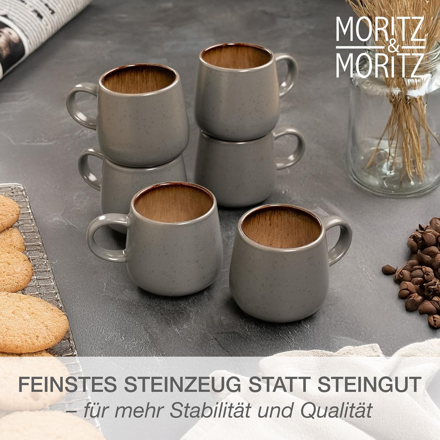 Moritz & Moritz SOLID Service de table en grès 24 pièces pour 6 personnes - Service de table pour 6 personnes composé de 6 assiettes plates, 6 petites assiettes, 6 assiettes plates et 6 tasses avec poignées