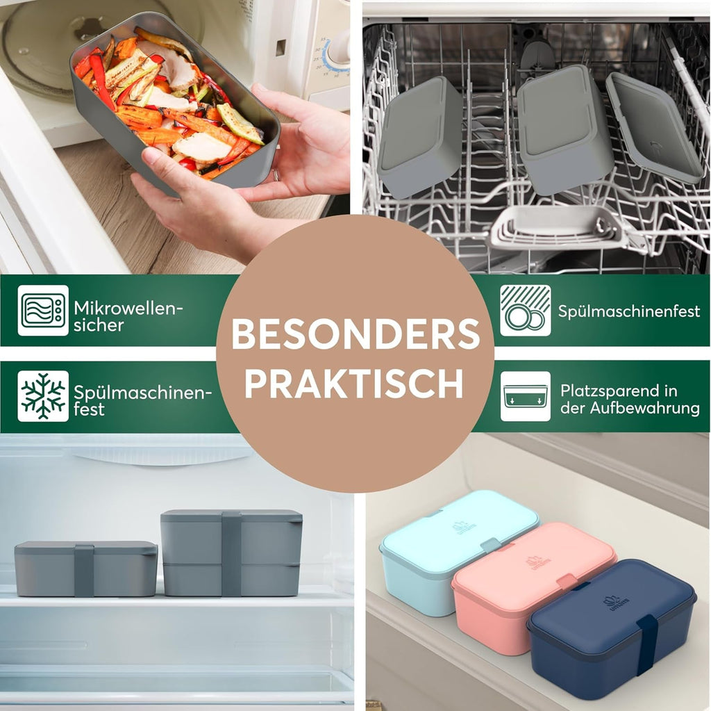 Cutie de prânz Umami pentru adulți, cutie bento stivuibilă etanșă cu 4 tacâmuri și compartimente, cutie de prânz pentru adulți, recipient pentru salată to-go, cutie de prânz pentru picnic / birou, gri cărbune, 1500 ml Cutii depozitare alimente Naty Shop