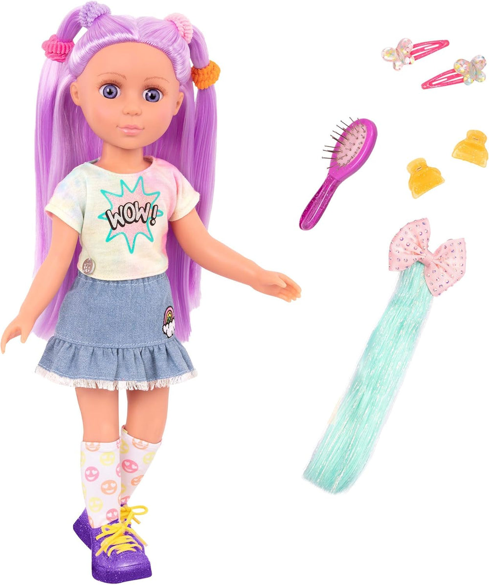 Glitter Girls - Luma - Poupée articulée 36 cm - Cheveux violets uniques et yeux violets - Extensions de cheveux, nœud, pinces et tenue colorée - 3 ans +