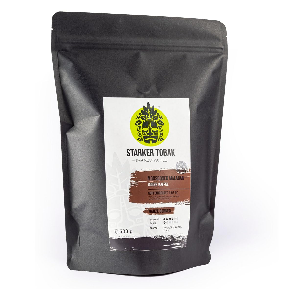 STARKER TOBAK Monsooned Malabar Café, grains entiers, torréfié à la main – torréfaction moyenne, Inde, 100 % Arabica, convient pour café filtre, presse française, cafetières entièrement automatiques, doux pour l'estomac – acidité très faible