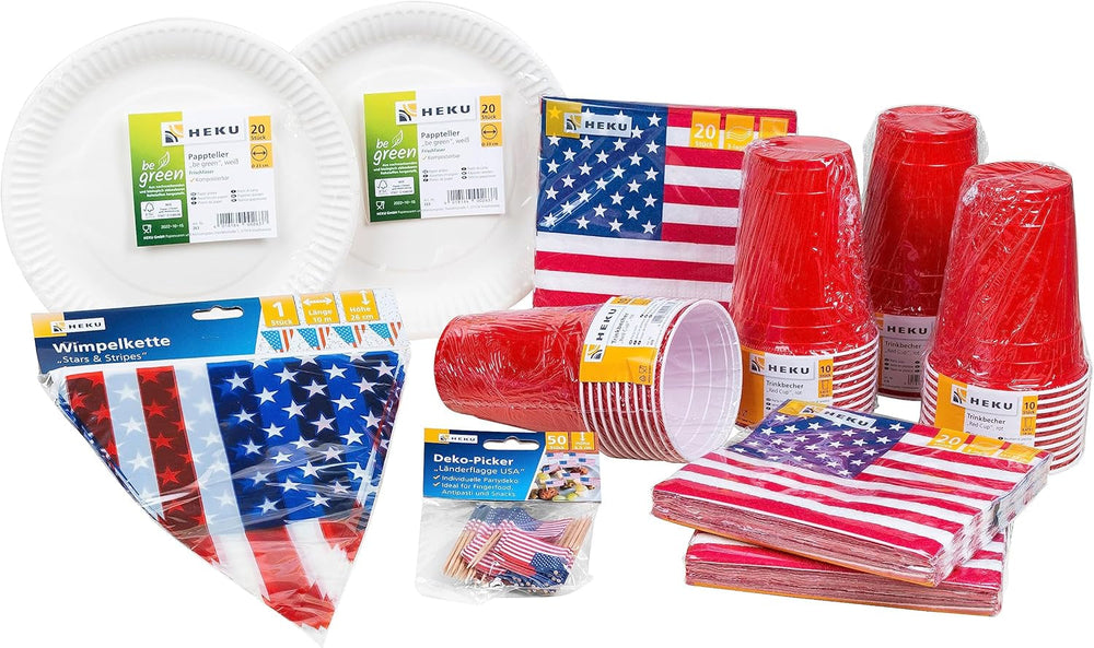 HEKU 191 pièces. USA Party Set I Assiettes en Carton Ø23Cm, Gobelets Rouges, Serviettes 3 Épais 33X33Cm, Sélecteur de Décoration, Chaîne Fanion 10M I Parfait pour les soirées à thème et les fêtes nationales