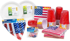 HEKU 191 pièces. USA Party Set I Assiettes en Carton Ø23Cm, Gobelets Rouges, Serviettes 3 Épais 33X33Cm, Sélecteur de Décoration, Chaîne Fanion 10M I Parfait pour les soirées à thème et les fêtes nationales