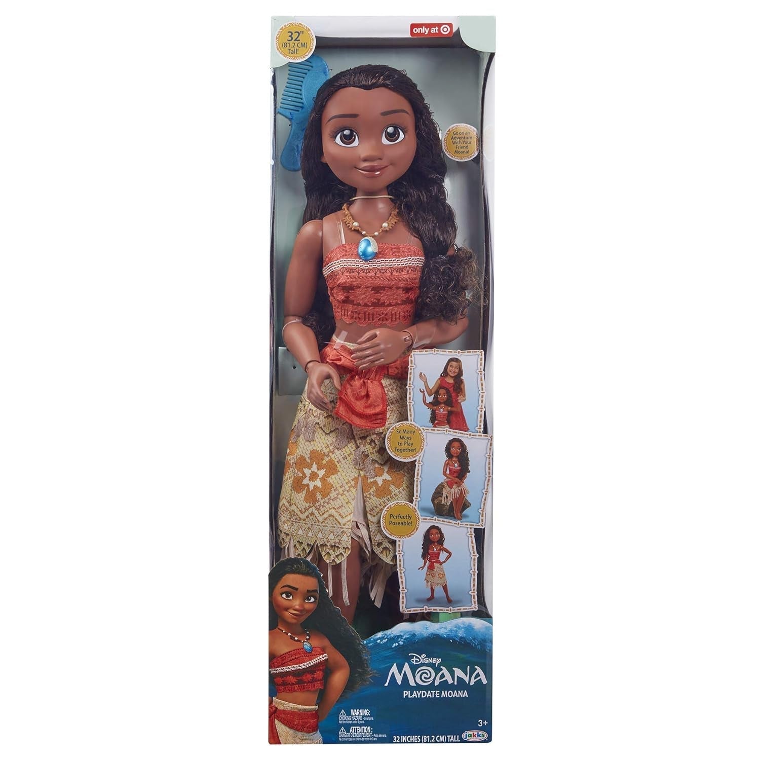 Disney Princess Moana 80 cm Poupée de jeu par Jakks Pacific Poupée mobile avec brosse pour peigner ses boucles ondulées Robe inspirée du film Collier pendentif détachable Poupées Naty Shop