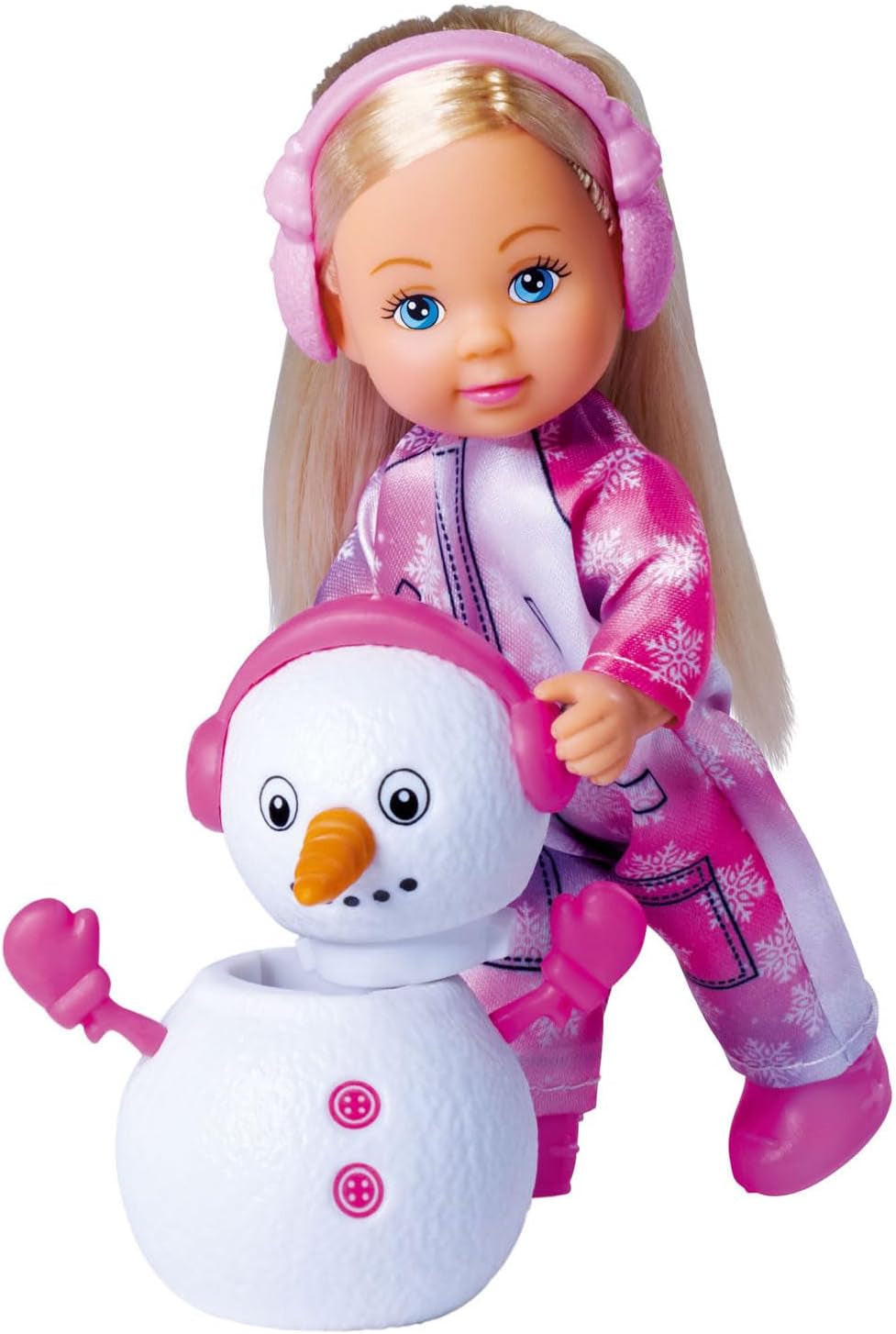 Simba 105733646 - Evi Love Snow, poupée dans une jolie combinaison de neige avec un bonhomme de neige à construire, 12 cm, à partir de 3 ans
