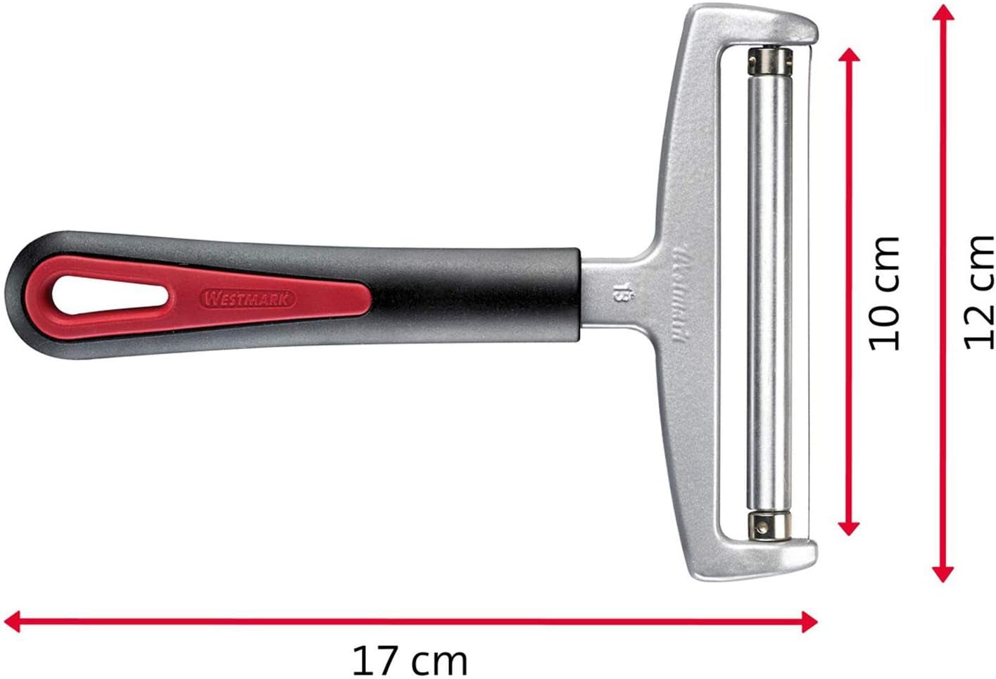 Feliator de brânză Westmark cu rolă și fir de tăiere înlocuibil, grosime de tăiere variabilă, lățime: 12 cm, oțel inoxidabil/aluminiu/plastic, negru/roșu, 29272260, 17 x 12 x 2 cm