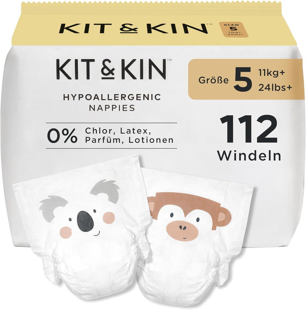 Couches Kit & Kin Premium, taille 4 (9-14 kg), 128 pièces, à base de plantes et hypoallergéniques, protection fiable contre les fuites, végétaliennes et sans cruauté envers les animaux