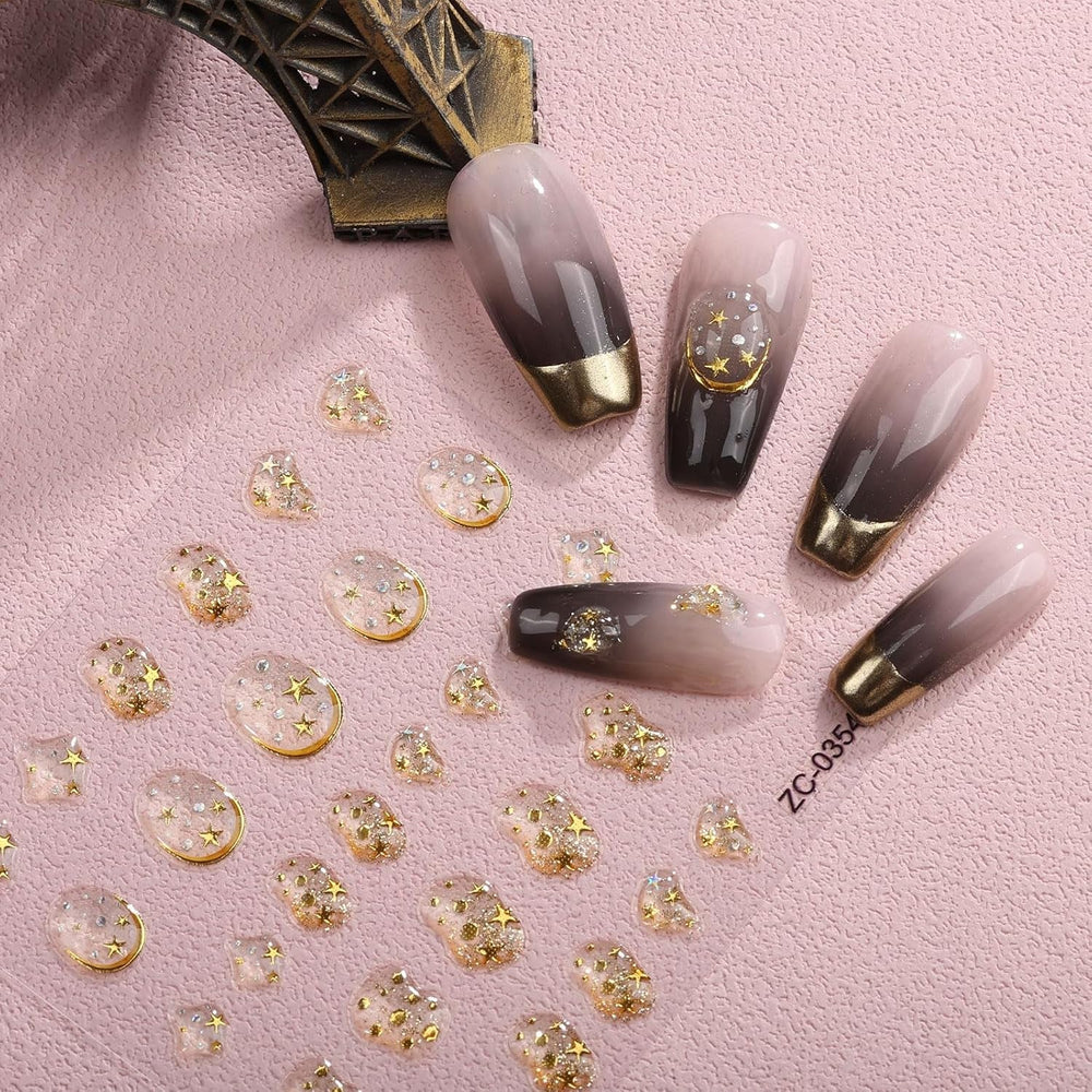 JMEOWIO 6 Blatt 3D Nail Sticker Goldene Unregelmäßige Geometrische Nail Art Sticker Selbstklebend Nagelaufkleber 5D Stereoskopisch Dekoration Nageldesign Zubehör
