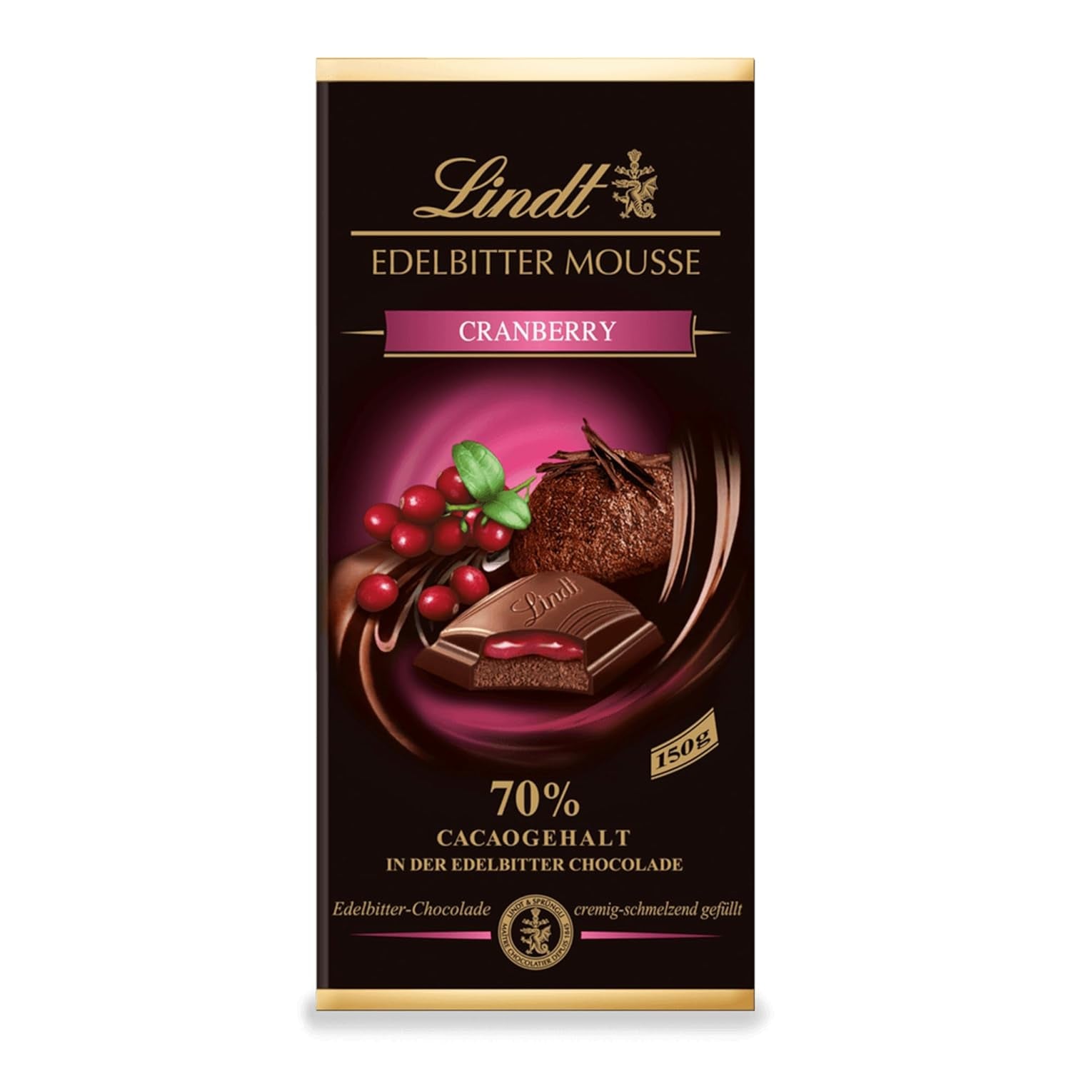 Mousse au chocolat noir Lindt avec piment et cerises | Barre 150g | Avec 70% de cacao et garniture de mousse au chocolat noir et piment cerise | Barre de chocolat | Chocolat noir