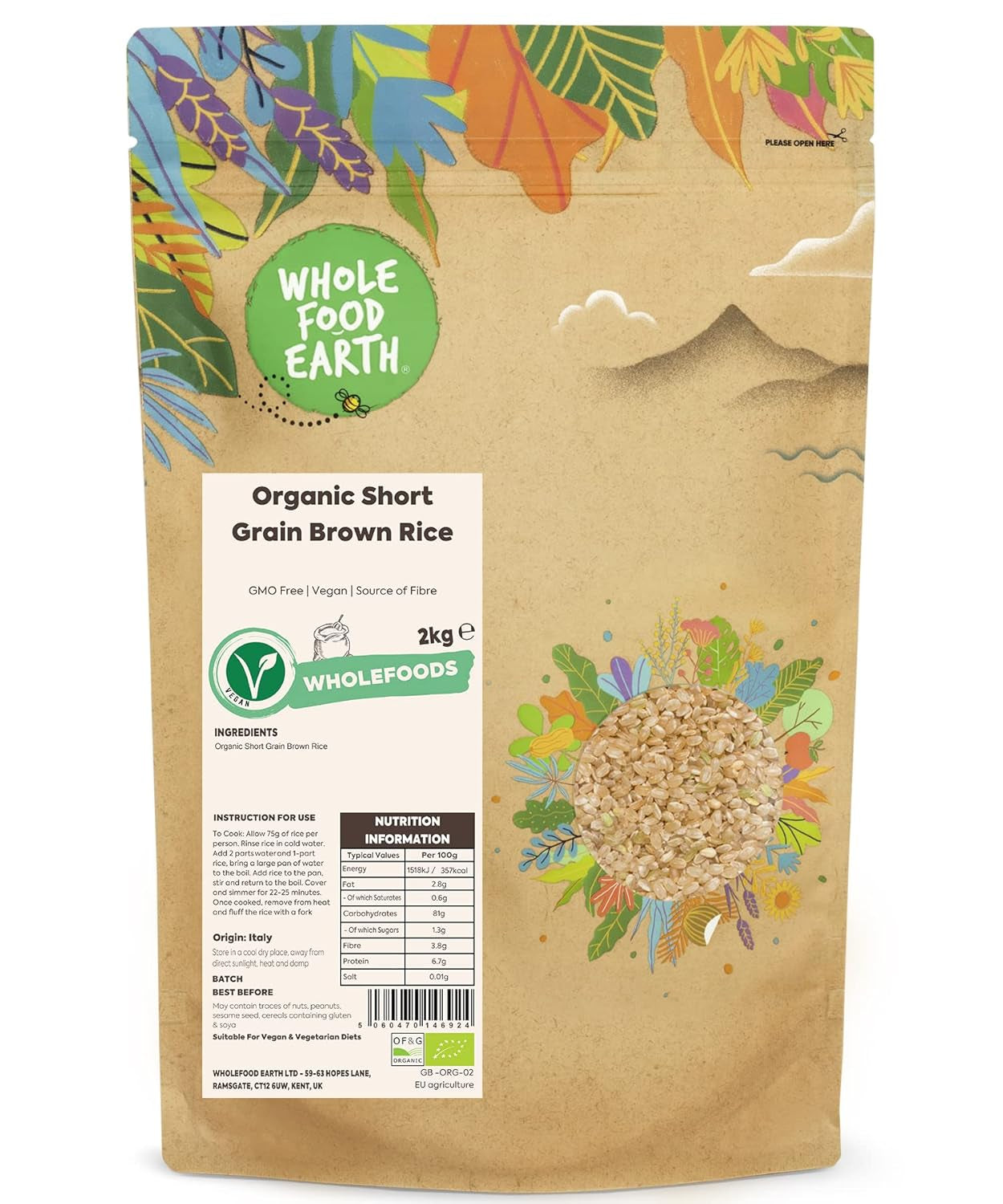 Wholefood Earth Riz brun à grains courts biologique 3 kg Source végétalienne de fibres sans OGM issue de l'agriculture biologique contrôlée
