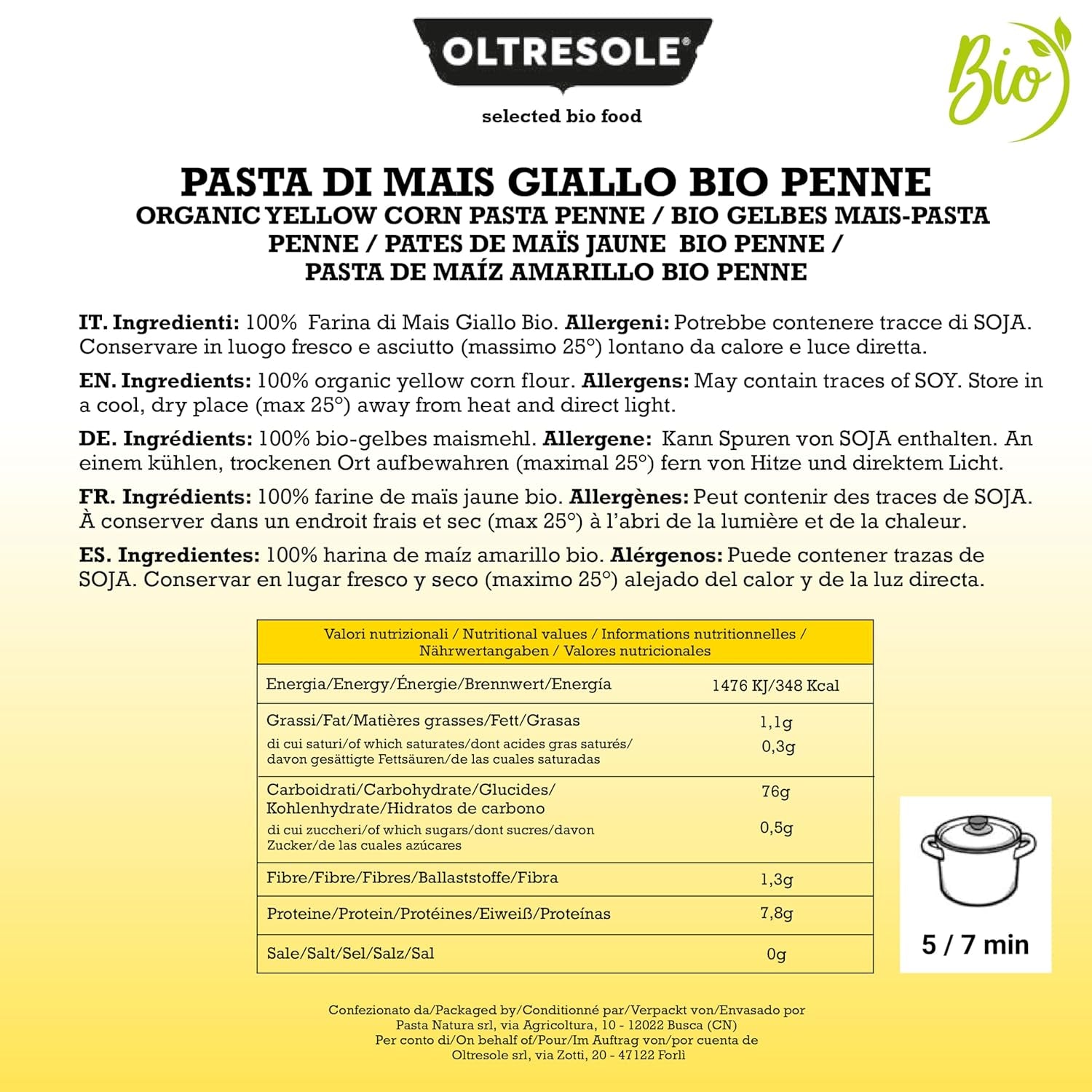 Pasta di Mais Giallo Biologica Italiana Gluten Free, Formato Penne - pâtes sans gluten, 100% farine de mais giallo biologique, végétalienne, confection de 3 paquets de 350 g