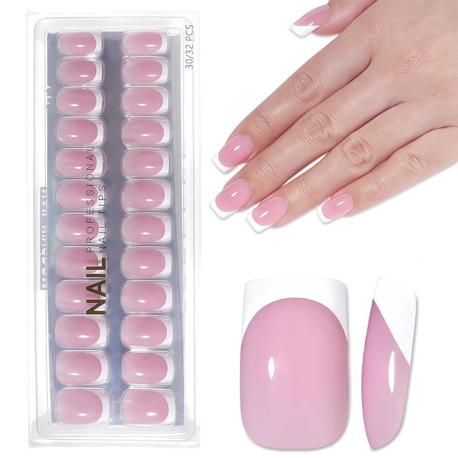 Ongles français autocollants rose clair – 32 pièces à coller sur ongles français – Faux ongles carrés courts – Colle respirante sur ongles artificiels – Faux ongles à couverture complète pour femme (rose clair)