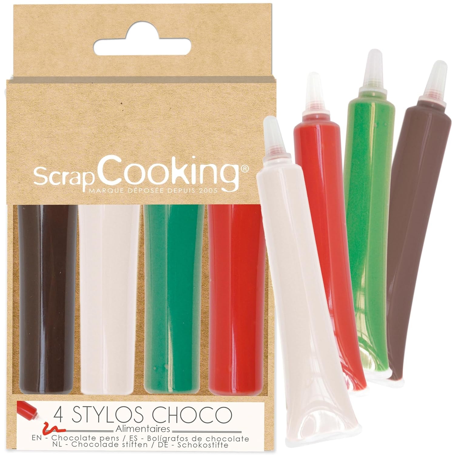 Scrapcooking - Lot de 4 Crayons de Couleur Chocolat de Noël - Marron, Blanc, Vert et Rouge - Colorants Comestibles - Colorant Alimentaire pour Écrire - Écrire et Dessiner sur Desserts, Gâteaux et Biscuits - 7060