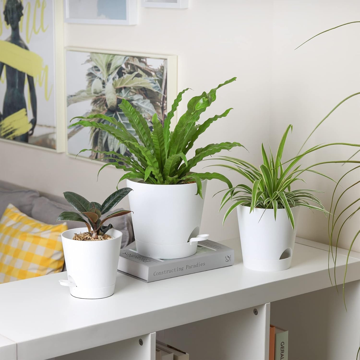 T4U Pots de fleurs en plastique de 14 cm avec système d'arrosage, lot de 6 pots de fleurs et soucoupes à arrosage automatique, pots ronds pour plantes de jardin de balcon intérieur, plantes grasses, cactus, blanc