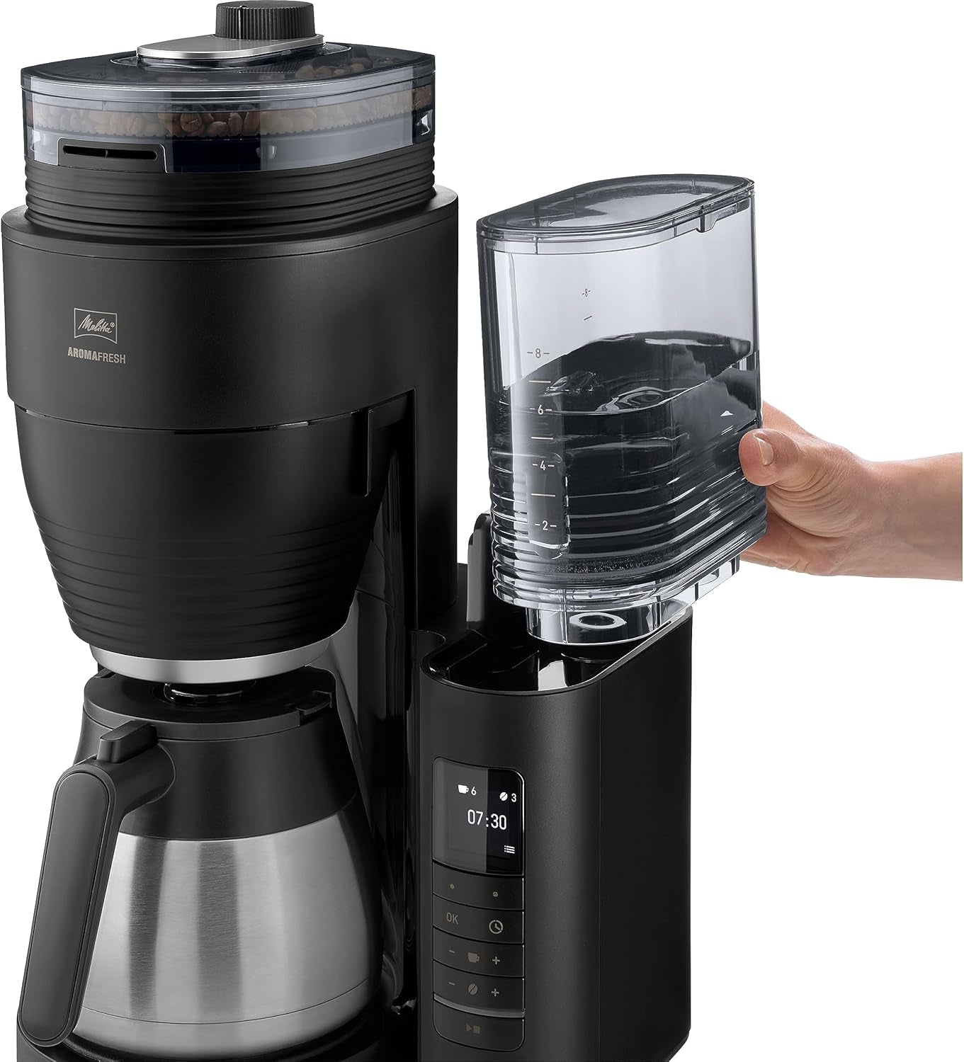 Melitta AromaFresh Therm Pro X - Machine à expresso avec filtre, moulin intégré, réservoir d'eau amovible, carafe thermique en acier inoxydable et fonction minuterie, pour jusqu'à 8 tasses de café, noir/argent