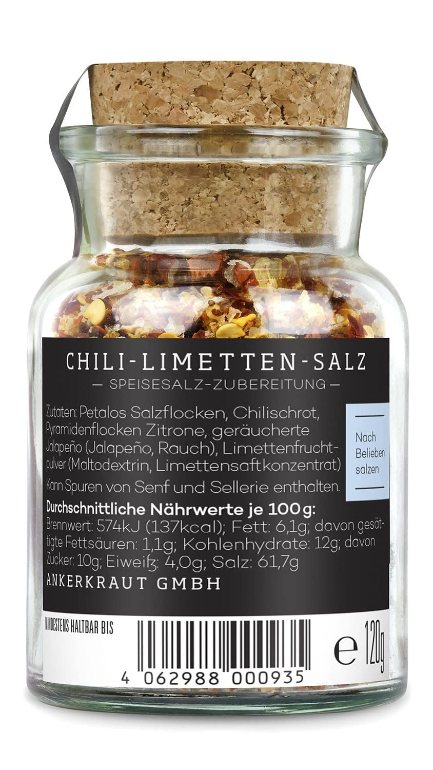 Ankerkraut Chili-Lime-Salz, 70g dans un verre en liège, Speise-Salz Mischung für Steak Fisch Salad Asia Gerichte, Allrounder mit Gesmack und Qualität