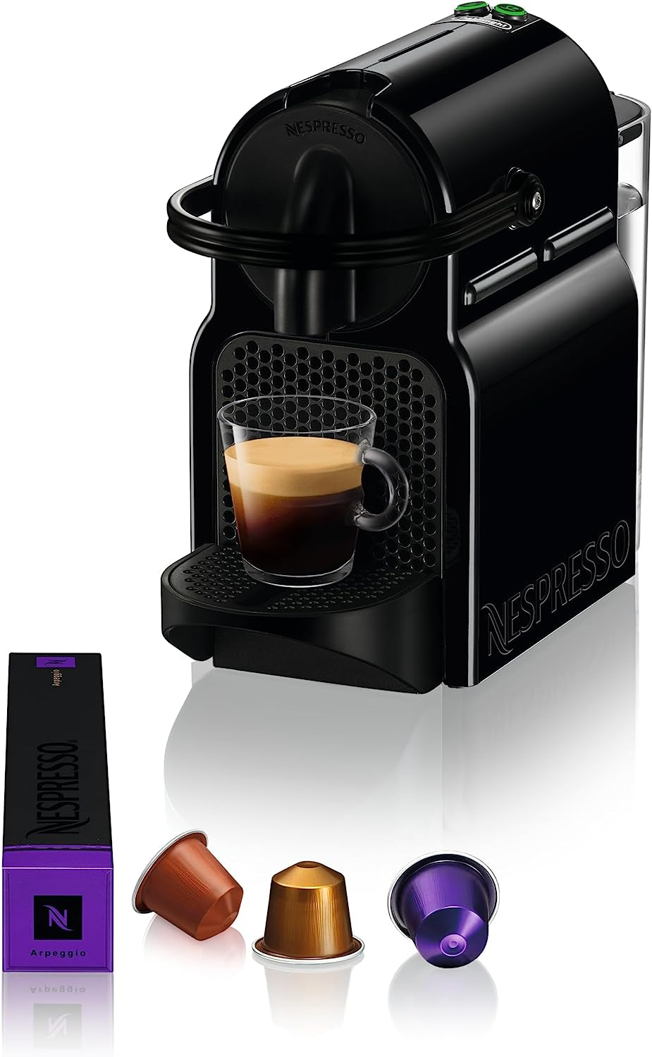 Machine à expresso à capsules Nespresso De'Longhi EN 80.B Inissia, pompe haute pression et fonction d'économie d'énergie, arrêt automatique après 9 minutes, volume de tasse pour expresso et poumon, réservoir d'eau 0,7 l, noir