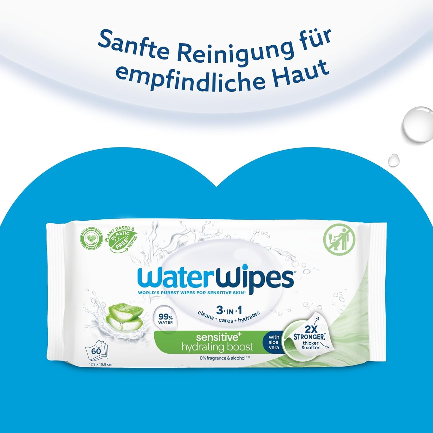 Lingettes humides WaterWipes Sensitive+ Hydrating Boost, lingettes hydratantes, 720 unités (paquet de 12), 3 en 1 propres, soignent, hydratent, 99 % d'eau d'aloe vera, lingettes pour bébé non parfumées