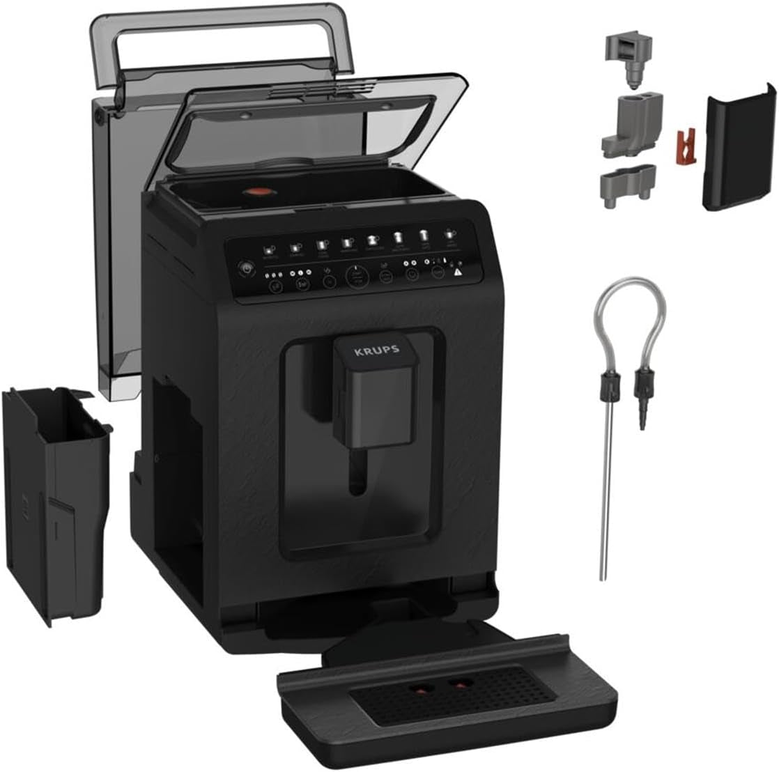 Machine à expresso automatique Krups EA897B Evidence ECOdesign, fonction expresso et cappuccino automatique, technologie Quattro Force, tasses à lait à une touche, 8 préréglages, système de lait, 1450 W