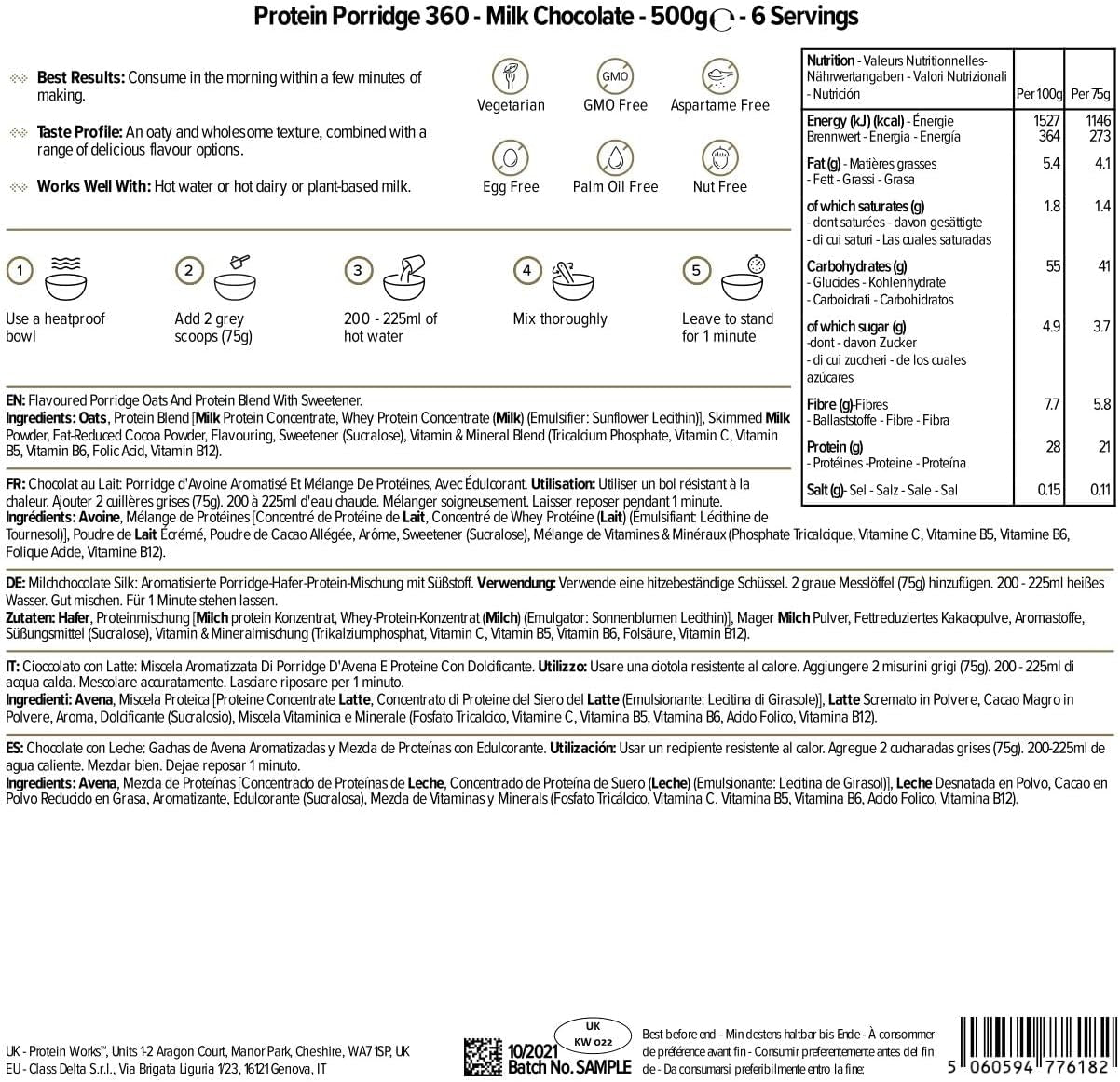 Protein Works - Porridge protéiné 360 | Mythe Vitamines et minéraux supplémentaires | Proteinreiches Frühstück | Kalorienarme Haferflocken | 6 portions | Chocolat au lait 500G Céréales Naty Shop