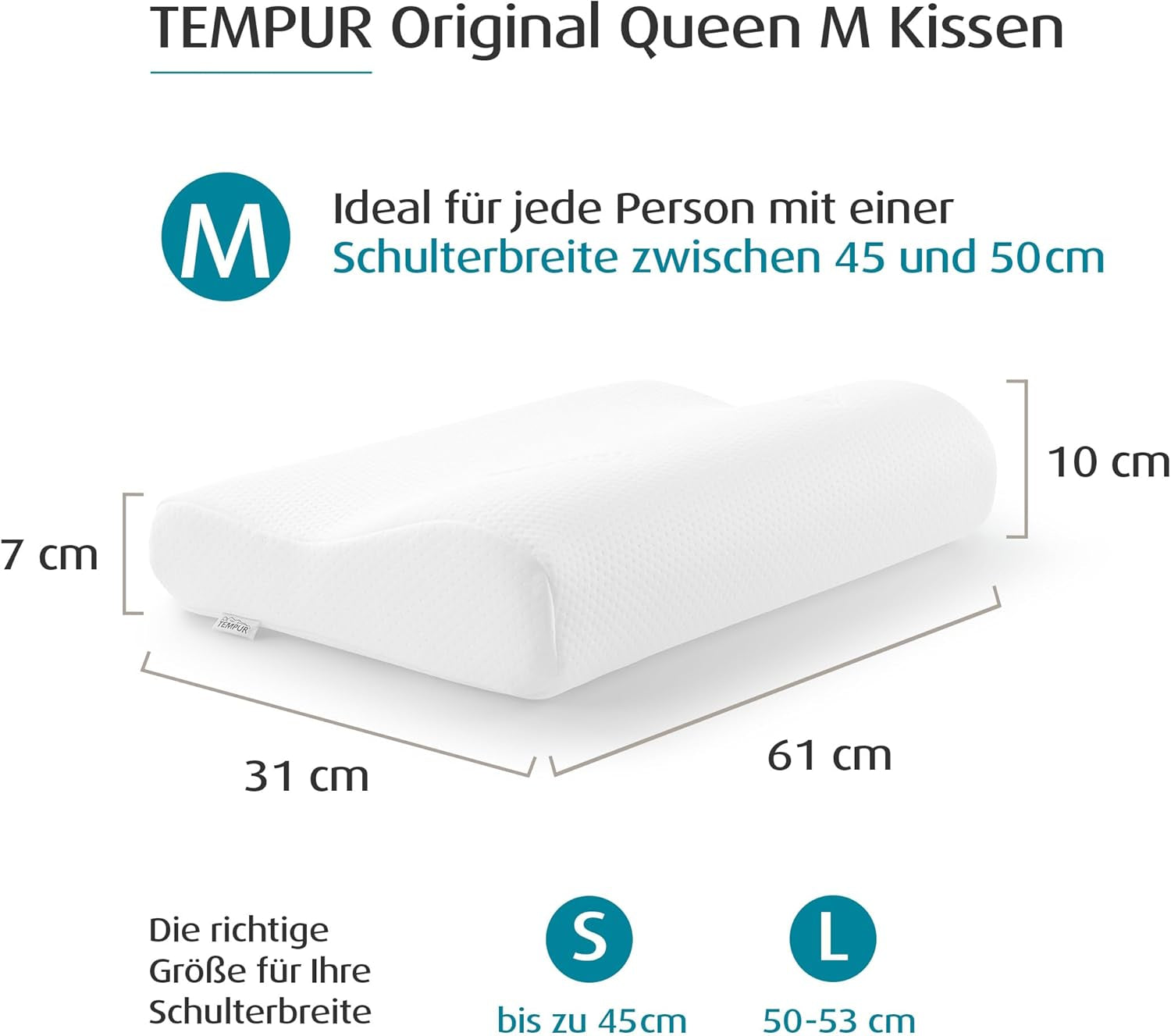 Pernă de dormit TEMPUR Original din spumă cu memorie, pernă ergonomică cu suport pentru gât pentru persoanele care dorm pe o parte și pe spate, senzație fermă, Queen M (61 x 31 x 10/7), alb