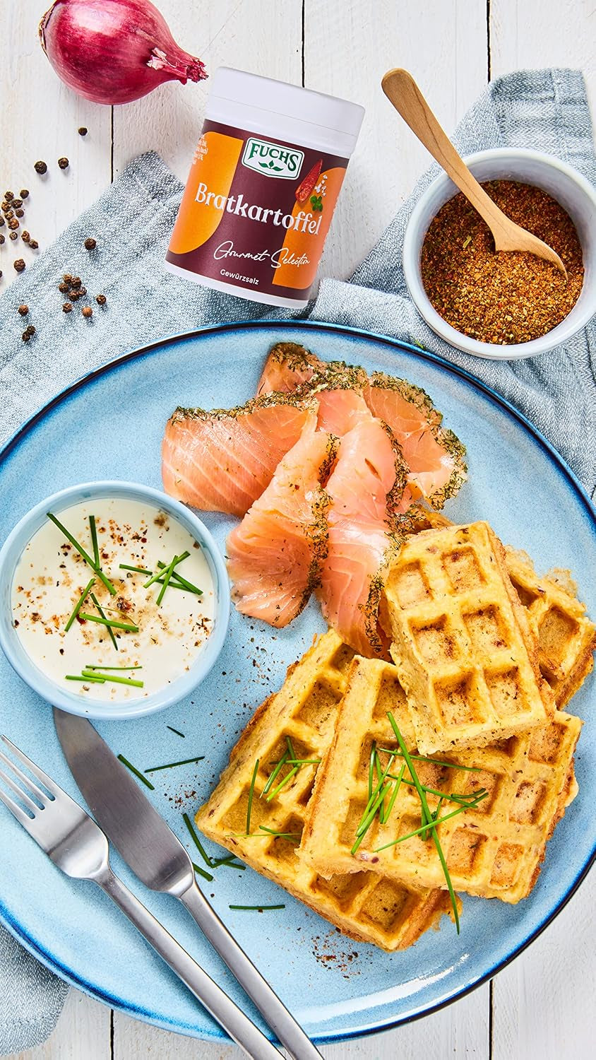 Fuchs Gourmet Selection Klassisch/Heimisch – Bratkartoffel Gewürzsalz, nachfüllbares Kartoffel Gewürz, Salz zum Würzen von Brat- & Ofenkartoffeln, Pommes Frites & Co, végétalien, 70 g