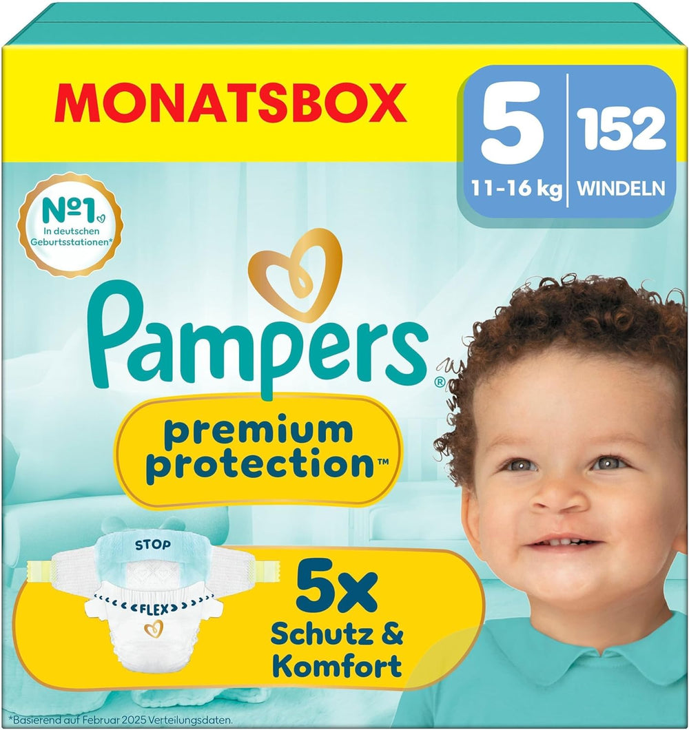 Pampers Premium Protection Taille 5, 152 Couches, 11kg-16kg, notre protection n°1 contre la peau et les fuites