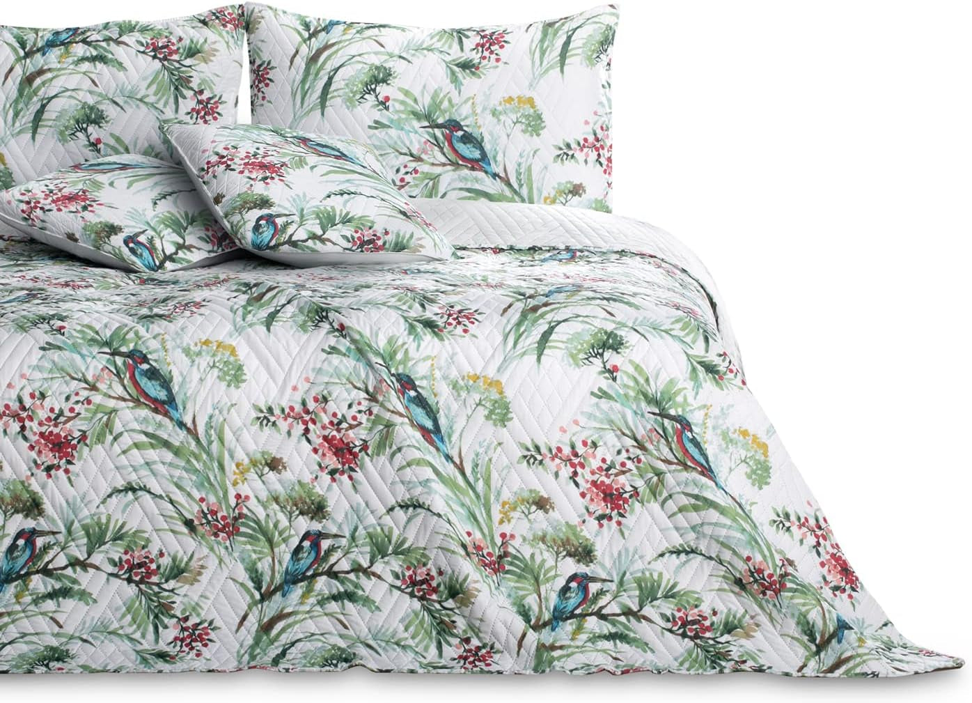 Ameliahome Couvre-lit Couvre-lit 260X280 Cm Deux côtés Matelassage facile d'entretien Motif végétal Motif oiseau Multicolore Kingfisher Lits et couvertures Besuche den AmeliaHome-Store Kingfisher 260 X 280