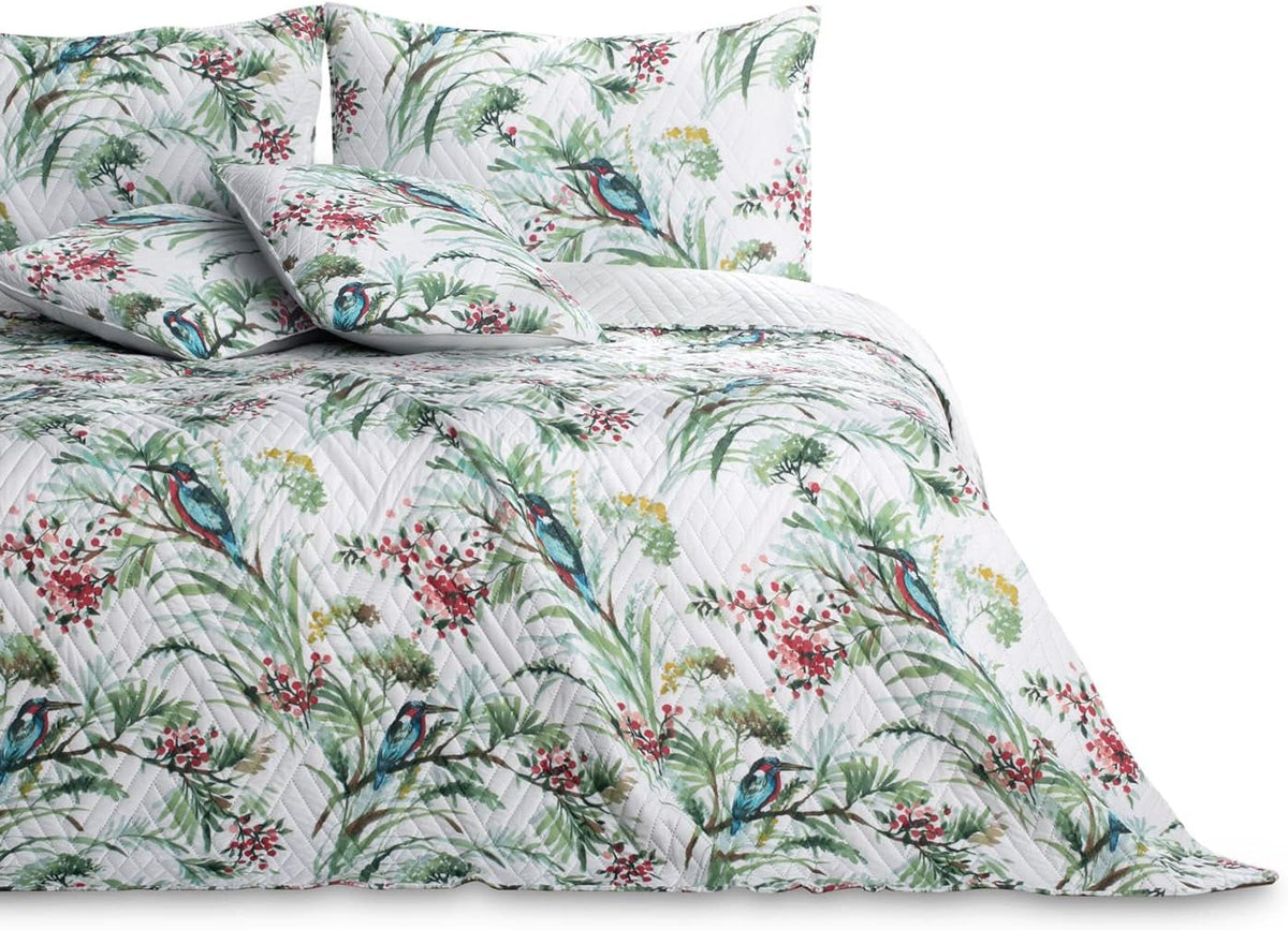 Ameliahome Couvre-lit Couvre-lit 260X280 Cm Deux côtés Matelassage facile d'entretien Motif végétal Motif oiseau Multicolore Kingfisher Lits et couvertures Besuche den AmeliaHome-Store Kingfisher 260 X 280