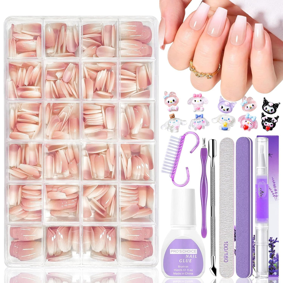 Lot de 420 faux ongles – Ballerine en gel doux, couverture complète, couleur chair, blanc dégradé, colle sur ongles artificiels, faux ongles pour nail art (Ballerine blanc nu)