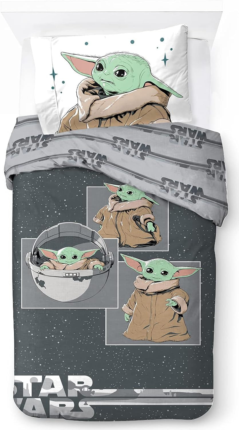 Linge de lit enfant unisexe, princesses et super-héros, 100% coton Linge de lit - enfant Naty Shop Gris - Mandalorien 135X200/50X70 (2 Pièce)