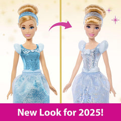 Mattel DISNEY Prinzessin Cinderella - Bewegliche Puppe mit glitzerndem Outfit, abnehmbaren Schuhen und Diadem, kämmbares Haar für Frisierspaß, für Kinder ab 3 Jahren, HLW06