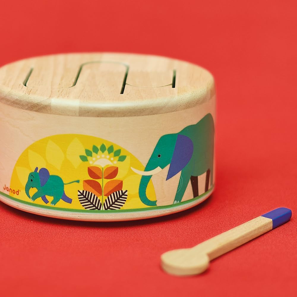 Janod - Tambour Gioia - Tambour + tambour en bois FSC - Jeux de rôle et éducation musicale précoce - Aquarelle - Dès 18 mois, J07650 Bebe Toys Naty Shop
