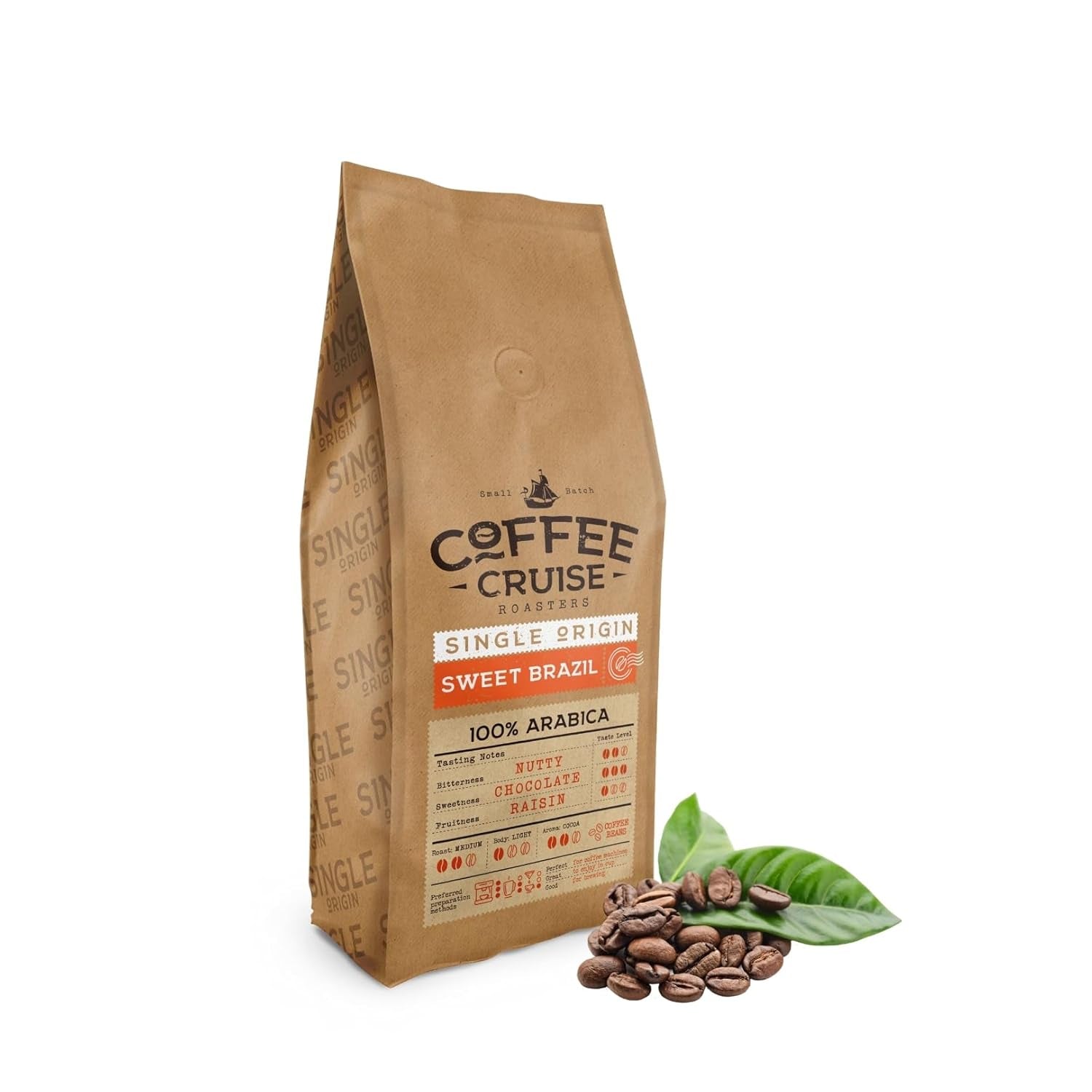 COFFEE CRUISE Sweet Brazil Brasilianische Kaffeebohnen 1kg - Mittlere Röstung - Aroma Kakao und Schokolade - Pour toutes les machines à café - 100% arabe