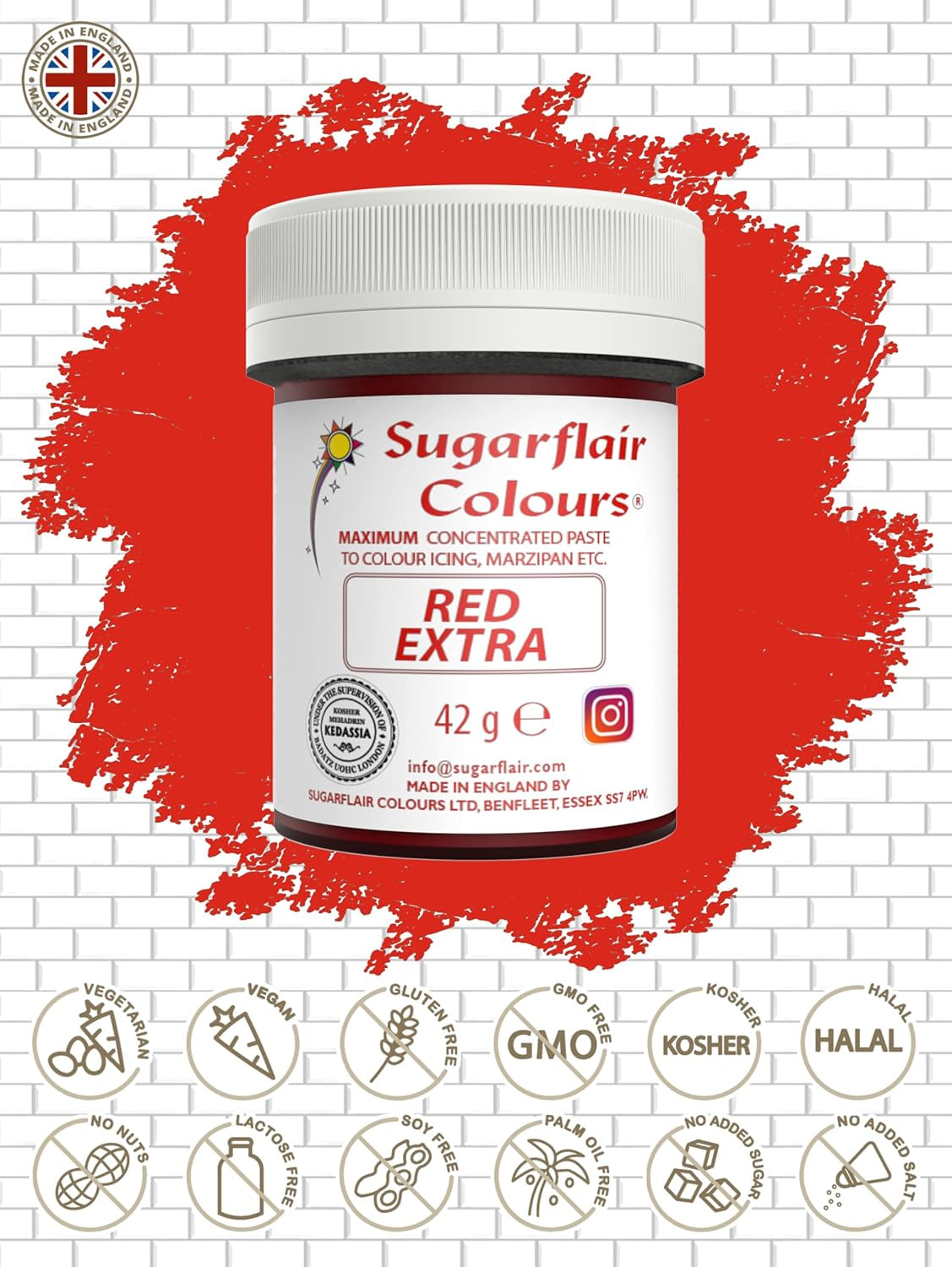 Colorant alimentaire Sugarflair Max Concentré Rouge Extra, colorant alimentaire très concentré pour pâte d'amande et fondant, colorant en pâte Max Concentrate - 42 g