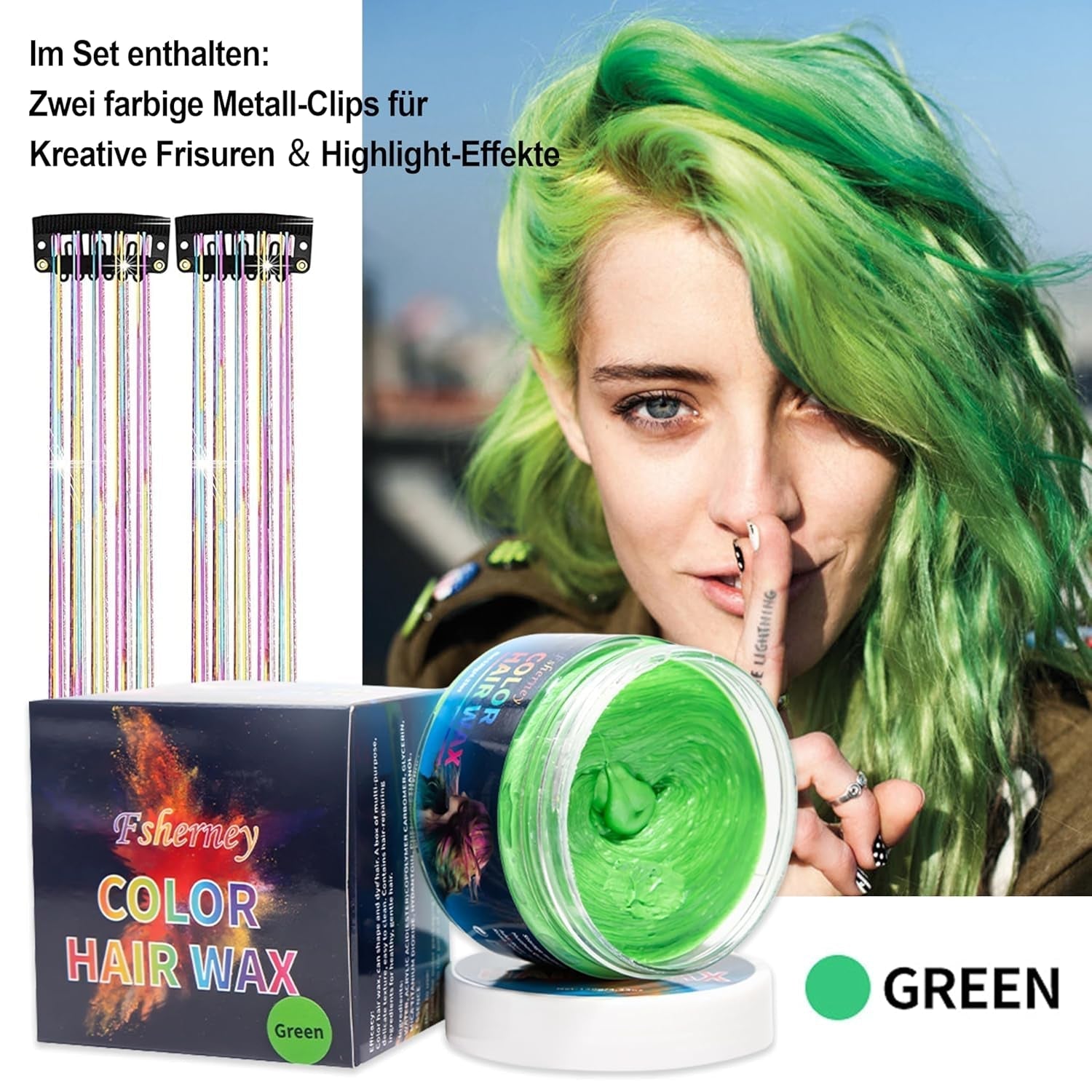 Teinture capillaire verte temporaire - Cire de coloration capillaire, tonalité de cheveux pour hommes et femmes, pommade capillaire naturelle, cire de teinture capillaire à pince de couleur pour la couleur des cheveux Crazy Party (4,23 oz, vert) Naty Shop