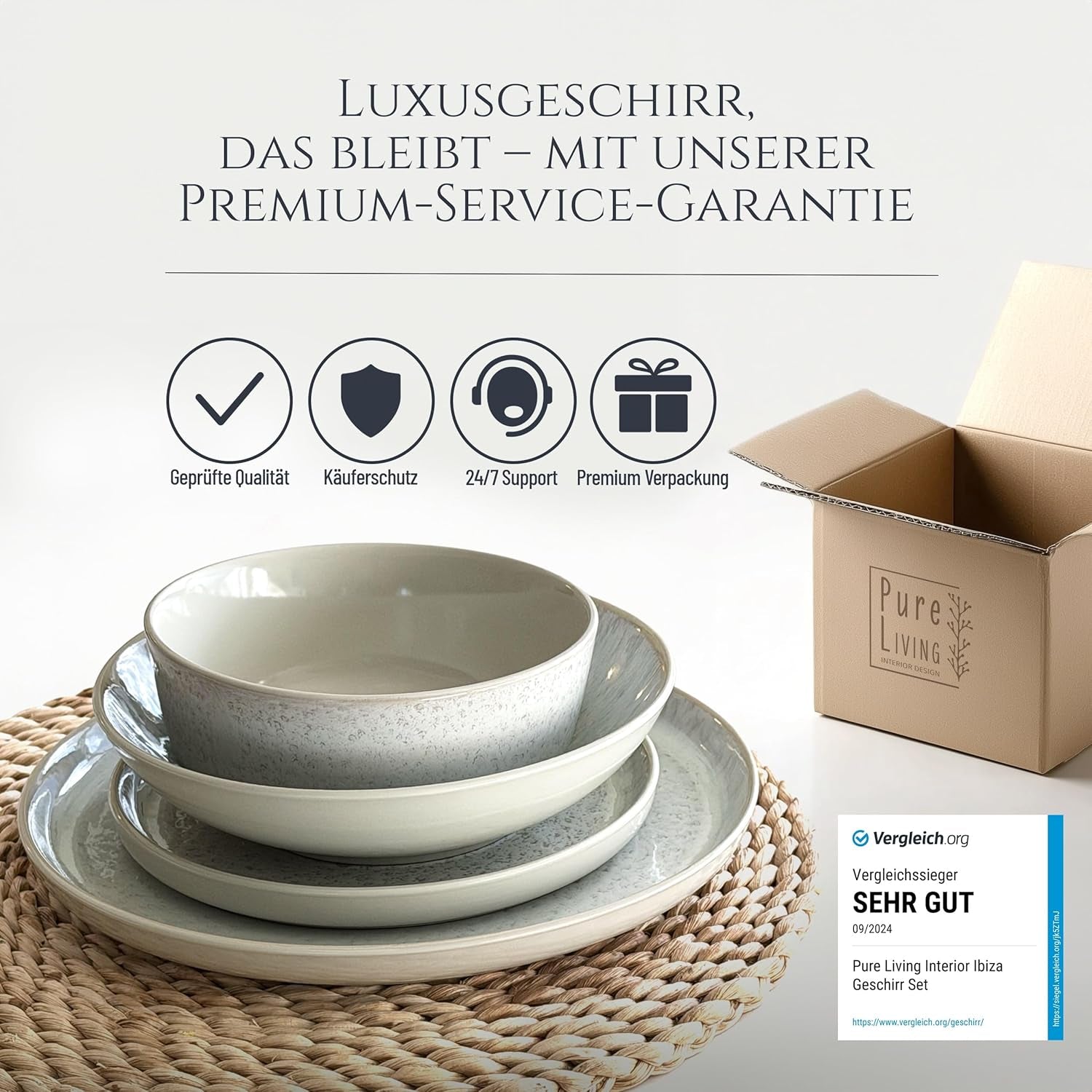 Service de vaisselle 48 pièces en grès céramique pour 12 personnes, design Ibiza, GAGNANT DU TEST. Un magnifique ensemble de vaisselle méditerranéenne en grès céramique comprenant des bols et des assiettes. Service de table Pure Living, beige.