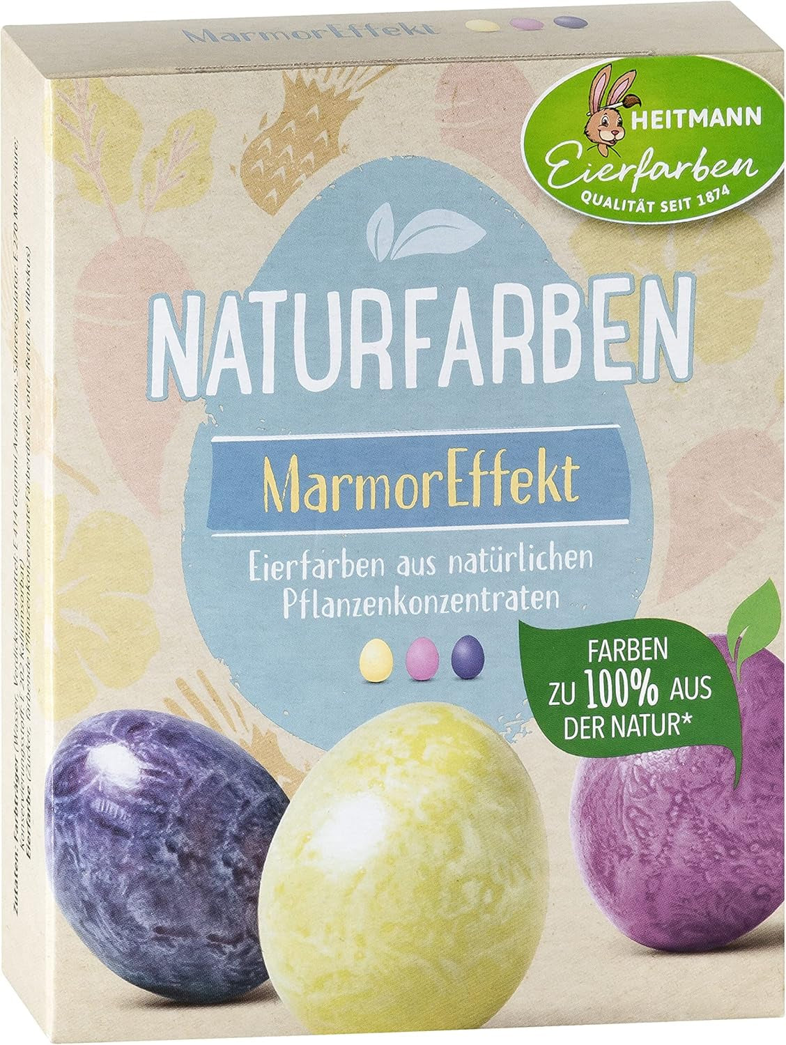 Heitmann Egg Dye Set de teinture naturelle, 3 poudres de teinture aux œufs (jaune, violet, gris-bleu), feuille d'autocollants en papier d'herbe