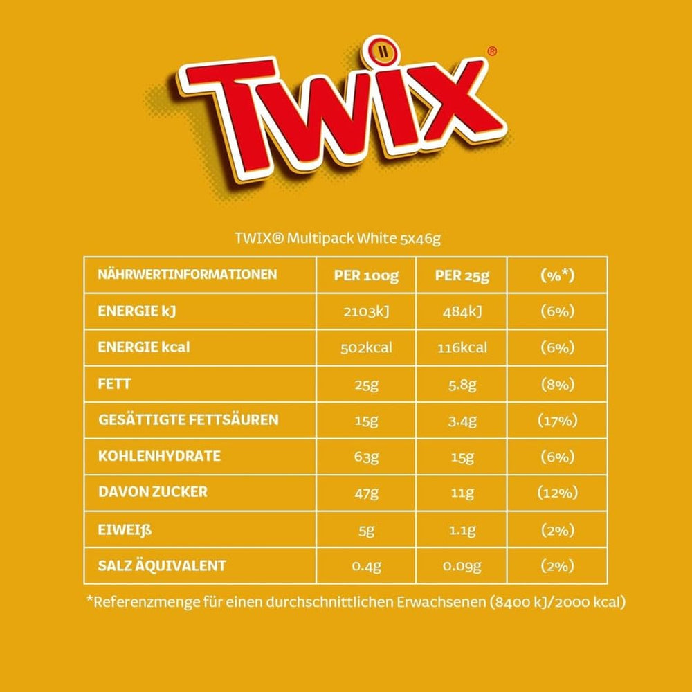 Barres de chocolat blanc Twix ; caramel, biscuits, chocolat blanc ; plusieurs paquets de chocolats ; 5 barres (5 x 46 g)