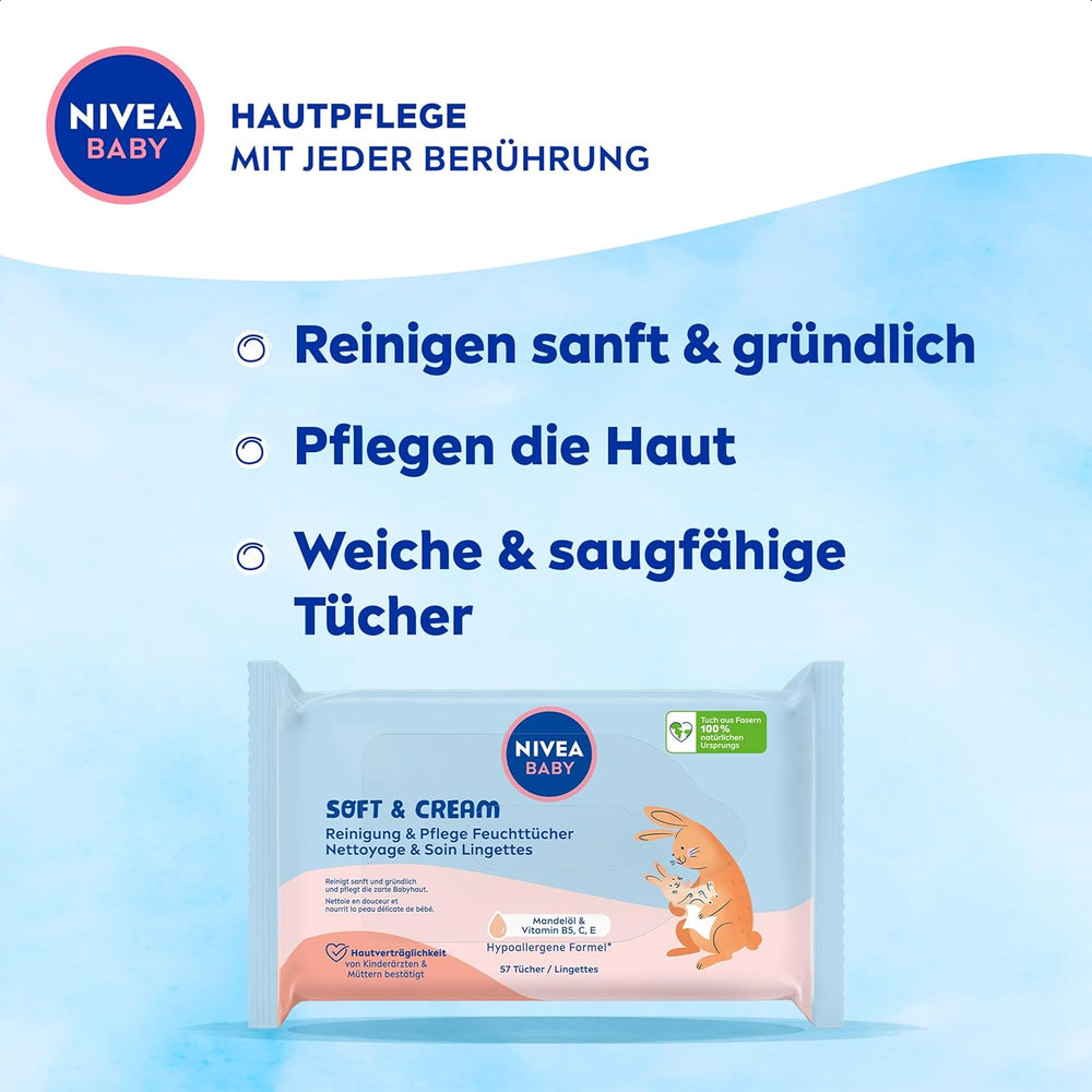 NIVEA BABY Lingettes humides Soft & Cream pour bébé (4 x 57 pièces)