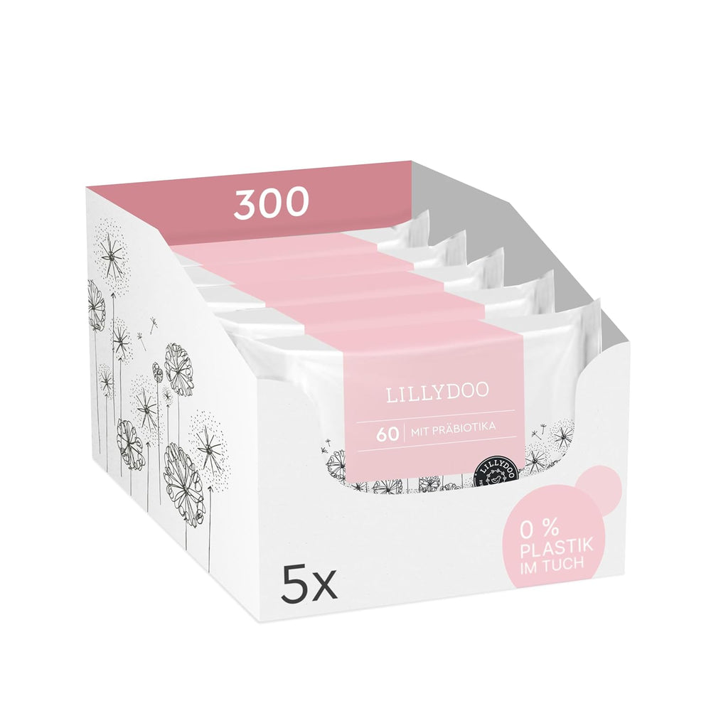 LILLYDOO Lingettes humides vertes, 600 unités (10 x 60), 100 % sans plastique, résistantes aux déchirures – Sans parfum, douces et naturelles, nettoyage doux pour les peaux sensibles, testées dermatologiquement
