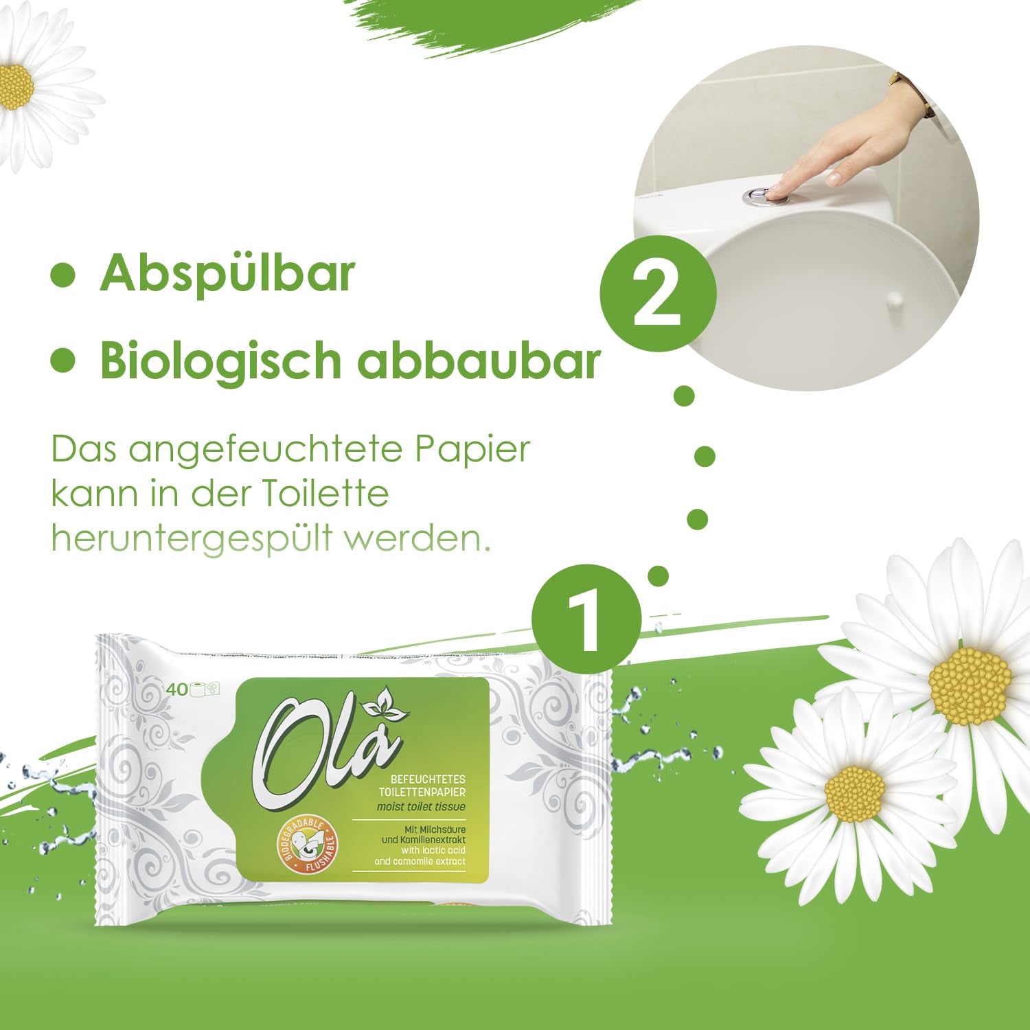 Papier toilette humide OLA - (1X40 pièces) Lingettes humides - extrait de camomille et acide lactique, lavables, peaux sensibles - 40 pièces