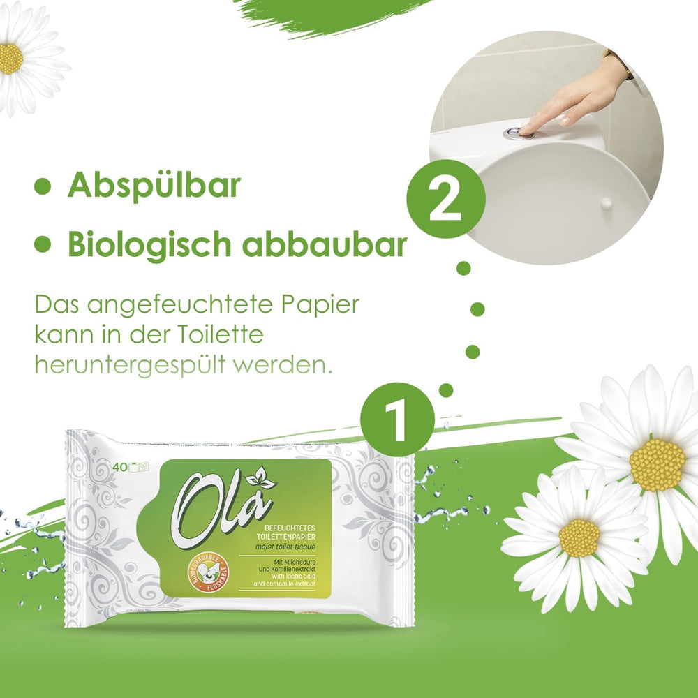 Papier toilette humide OLA - (1X40 pièces) Lingettes humides - extrait de camomille et acide lactique, lavables, peaux sensibles - 40 pièces