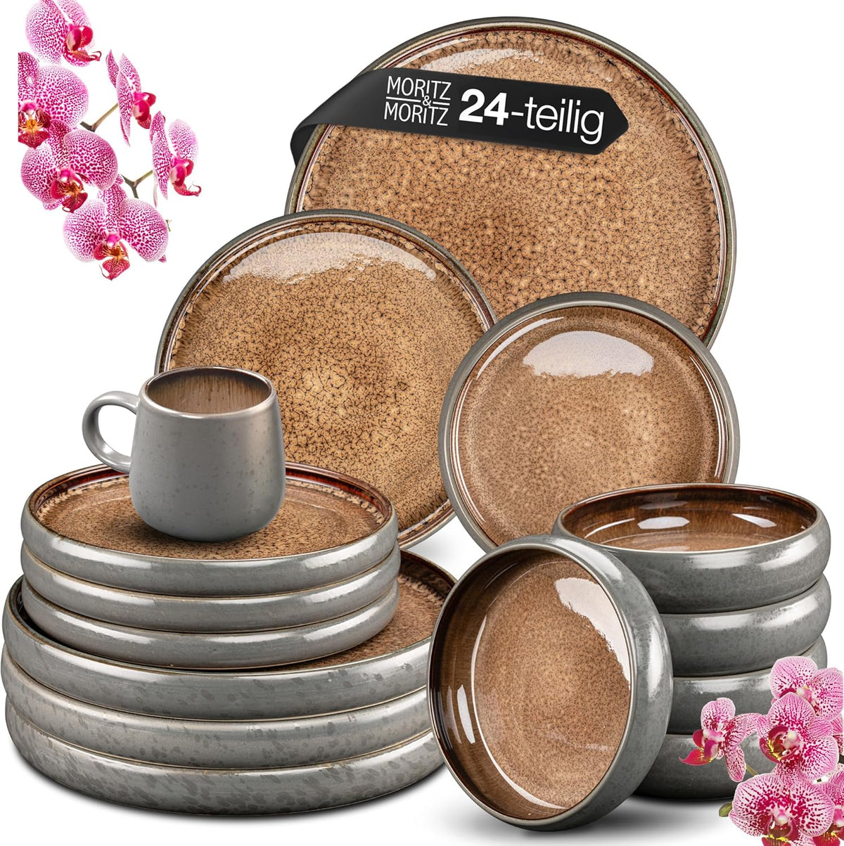 Moritz & Moritz SOLID Service de table en grès 24 pièces pour 6 personnes - Service de table pour 6 personnes composé de 6 assiettes plates, 6 petites assiettes, 6 assiettes plates et 6 tasses avec poignées