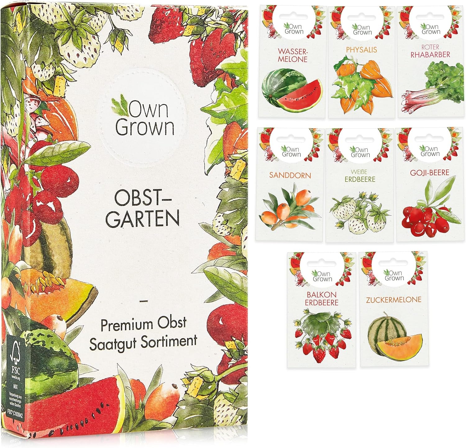 Ensemble de graines de fruits : graines de jardin de qualité supérieure avec 8 variétés de plantes fruitières pour jardin et balcon – graines de pastèque, graines de fraises, groseilles, rhubarbe et plus – Coffret cadeau de graines de fruits de OwnGrown