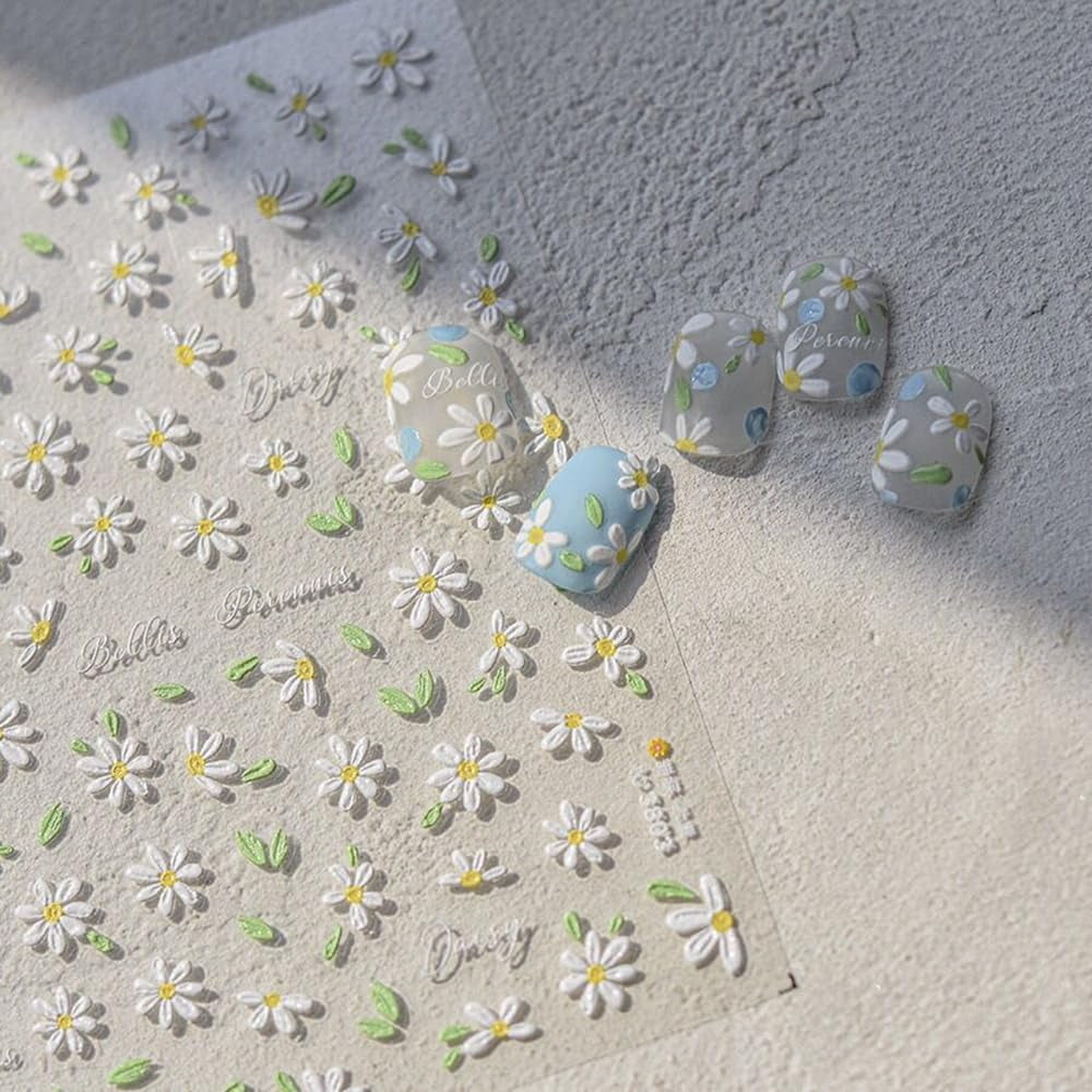 Autocollants pour ongles en forme de marguerites blanches en relief 5D, autocollants pour ongles, feuilles de fleurs, autocollants pour Nail Art, accessoires de décoration d'ongles, autocollants de conception de fleurs, Nail Art